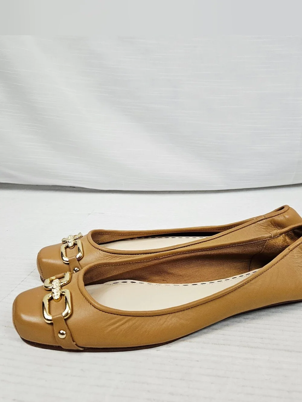 Coach Tan Leather Ballet Flats with Gold-Tone Hardware
